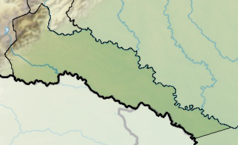 Mapa konturowa Putumayo, u góry po lewej znajduje się punkt z opisem „Mocoa”