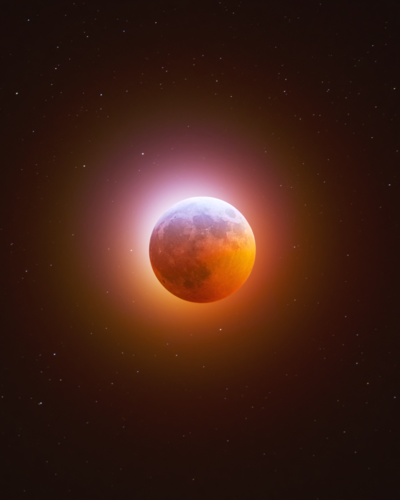 Blood moon eclipse by Astrofalls. This is a long exposure image of the January 2019 lunar eclipse taken from Picacho Peak in southern Arizona. The combined light of all sunrises and sunsets casts the moon in a red color, with a flair of haze present from high clouds.