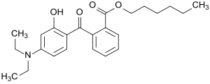 Strukturformel von Diethylaminohydroxybenzoylhexylbenzoat