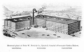 Black-and-white illustration of the Peck Building with the new wing. Caption reads: "Montreal plant of John W. Peck & Co. Limited, Canada's Foremost Clothes Makers"