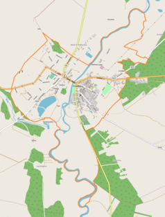 Mapa konturowa Przedborza, blisko centrum u góry znajduje się punkt z opisem „Cmentarz żydowski w Przedborzu”