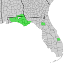 Map of Alabama and Florida with counties of distribution of Symphyotrichum chapmanii shaded in green