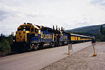 An Alaska Railroad passenger train at Denali station in 1998