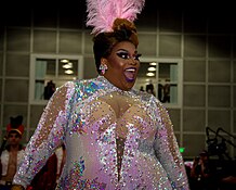 Photograph of a person wearing a sparkly pink outfit