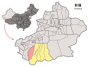 Guma İlçesi'nin Sincan Uygur Özerk Bölgesideki konumu (pembe)