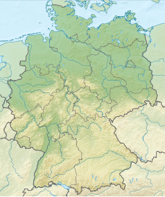 Mapa konturowa Niemiec, w centrum znajduje się punkt z opisem „źródło”, natomiast blisko centrum u góry znajduje się punkt z opisem „ujście”