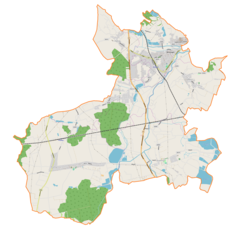 Mapa konturowa gminy Strumień, blisko centrum po prawej na dole znajduje się punkt z opisem „Drogomyśl”