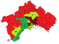 Periphere Stadtteile sind rot Zentrale Stadtteile, wohlhabend: grün, mittel: hellgrün, ärmlich: dunkelrot