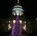 Idaho Eyaleti Capitol binası önünde süslü Noel ağacı akşam vakti