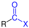 Allgemeine Struktur der Carbonsäurehalogenide mit dem blau markierten Halogencarbonyl-Rest