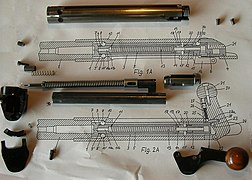 Zerlegter Geradezugverschluss Heym SR 30, zuerst für Biathlongewehre entwickelt, Verriegelung mit Kugelmechanismus