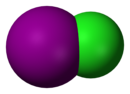 Molecuulmodel van joodmonochloride met jood links en chloor rechts