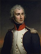 Painting shows a young man with gray hair wearing a dark blue military uniform with white lapels.