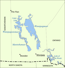 Locatie van Manitobameer te midden van andere meren in Manitoba