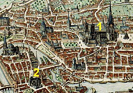 Detail van een kaart van Luik (Joan Blaeu, 1649) met Sint-Lambertuskathedraal (1) en Sint-Pauluskerk (2)