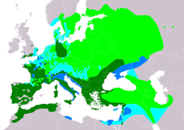 Az erdei pacsirta elterjedési területe   költőhely (nyáron)   egész éves   költözési útvonal   telelőhely