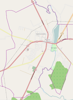 Mapa konturowa Makowa Mazowieckiego, blisko centrum na prawo znajduje się punkt z opisem „Kościół Bożego Ciała w Makowie Mazowieckim”