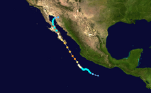 A track map of the path of a hurricane that forms off the Pacific coast of Mexico, travels up the spine of the southern Baja California peninsula, and dissipates over northwestern mainland Mexico