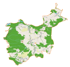 Mapa konturowa gminy Włodowice, blisko centrum na prawo u góry znajduje się punkt z opisem „Hucisko”