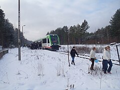 Pociąg specjalny podczas postoju na przystanku Sokole Białostockie.