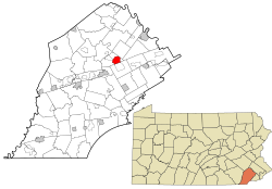 Location of Lionsville in Chester County (left) and of Chester County in Pennsylvania (right)