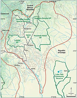 Sangha Trinational, met in het noorden het nationaal park en het Dzanga-Sanghareservaat