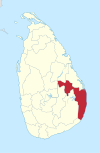 Area map of Ampara District, located along the east by south and south east coast and projecting into the interior of the country at the northern border, in the Eastern Province of Sri Lanka