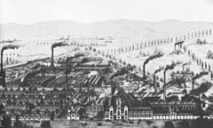 Die Eisen-Giesserey und Maschinenfabrik Georg Egestorff, die spätere Hanomag in Linden, im Hintergrund der Deister; etwa Mitte 19. Jahrhundert