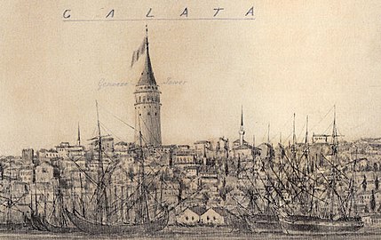 Kırım Savaşı (1853-1856) sırasında şehre gelen Montague B. Dunn'ın 1855 civarındaki çizimindeki kule ve çevresi