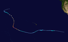 A track map of the path of a hurricane/typhoon over the Pacific Ocean