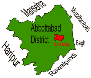 Location of Namli Maira (highlighted in red) within Abbottabad district, the names of the neighbouring districts to Abbottabad are also shown