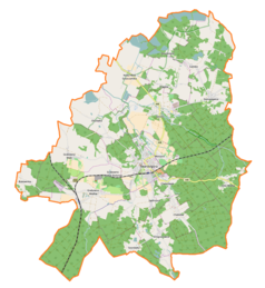 Mapa konturowa gminy Twardogóra, w centrum znajduje się punkt z opisem „Parafia pod wezwaniem Matki Bożej Wspomożenia Wiernych”