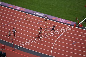 Zieleinlauf Vorlauf eins: Tahesia Harrigan-Scott (Bahn 2), Fong Yee Pui (B. 3), Myriam Soumaré (B. 4), Verena Sailer (B. 5), Ezinne Okparaebo (B. 6), Kelly-Ann Baptiste (B. 7), Kerri-Ann Mitchell (B. 8), Kateřina Čechová (B. 9)