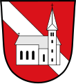 Gemeinde Straßkirchen In Rot ein silberner Schrägbalken, überdeckt von einer silbernen Kirche mit Spitzturm.