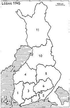 1945 1: Turku en Pori 2: Uusimaa 3: Häme 4: Vaasa 5: Kymi 6: Mikkeli 8: Kuopio 10: Oulu 11: Lapland 12: Åland