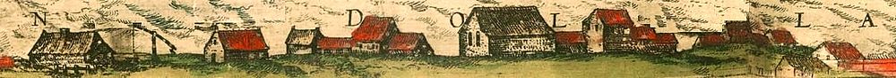 Het eiland Nesserland in 1575. In het midden de romaanse zaalkerk uit tufsteen (naar Braun und Hogenberg, Civitates orbis terrarum.