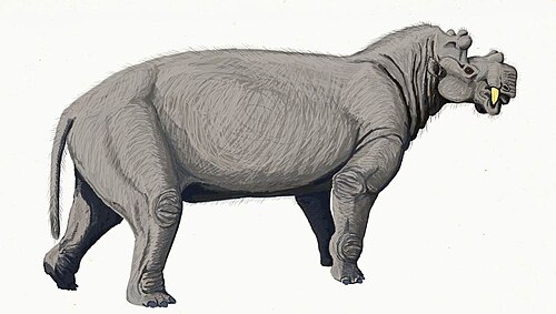 Life restoration of Uintatherium by Dmitry Bogdanov.