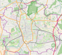 Mapa konturowa Łodzi, w centrum znajduje się punkt z opisem „aleja Karola Anstadta”