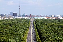 City skyline, with trees in foreground