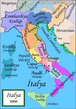1000 yılında İtalya. Sicilya Emirliği açık yeşil renkle gösterilmiştir.