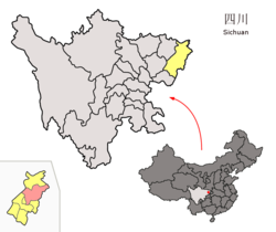 Location of Xuanhan County (red) within Dazhou City (yellow) and Sichuan