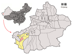 Yarkant County (red) within Kashgar Prefecture (yellow) and Xinjiang