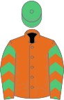 ORANGE, emerald green chevrons on sleeves, emerald green cap