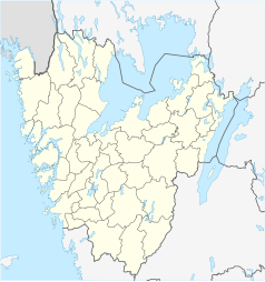 Mapa konturowa Västra Götalandu, na dole po lewej znajduje się punkt z opisem „Göteborg”