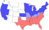 dunkelblau: Unionsstaaten ohne Sklaverei, hellblau: Unionsstaaten mit Sklaverei, rot: Konföderation