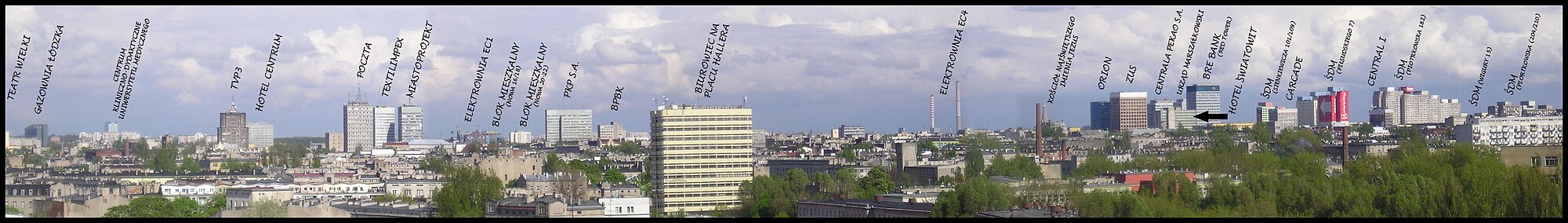 Łódzki skyline wraz z opisem poszczególnych budynków.