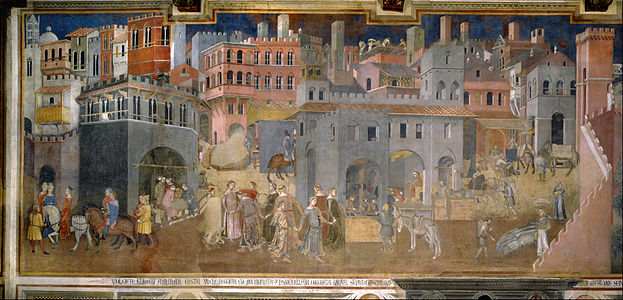 Folgen der guten Regierung in der Stadt, Fresko, 1337–1340, Sala dei Nove, Palazzo Pubblico, Siena