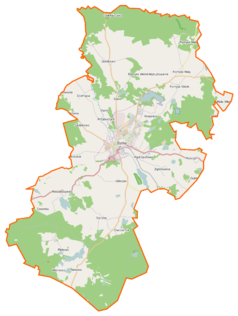 Mapa konturowa gminy Bytów, w centrum znajduje się punkt z opisem „Bytów”