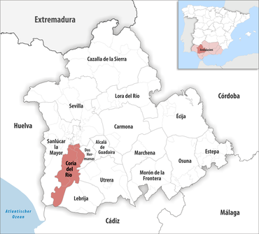 Die Lage des Gerichtsbezirk Coria del Río in der Provinz Sevilla