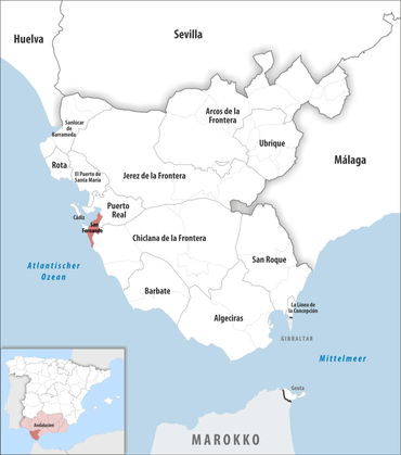Die Lage des Gerichtsbezirk San Fernando in der Provinz Cádiz